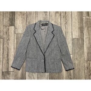 Vintage Louis Feraud Jacket Blazer Wool Blend Lined Sz 10 Gray And Black Trim